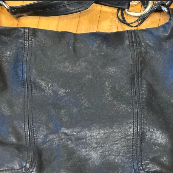 Michael Kors Black Leather Shoulder Purse with Gold Strap Links and Gold Pendant - Picture 11 of 16